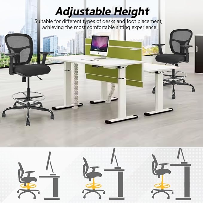Drafting Chair, Tall Office Chair Ergonomic Standing Desk Chair,Rolling Desk Chair with Adjustable Armrest & Foot Ring,SGS Certified Gas Cylinder,High Rebound Sponge. (Black)