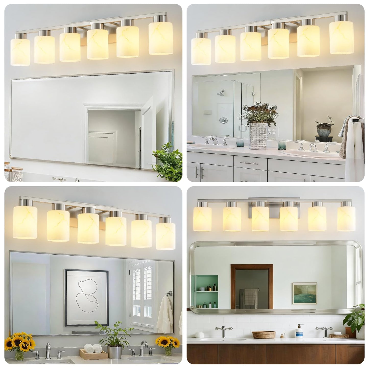 Mieloxiy 6-Light Bathroom Light Fixtures, Modern Vanity Lights, Brushed Nickel Metal Wall Lamp with White Marble Glass for Bathroom, Mirror, Living Room, Bedroom, Cabinet, Porch, Hallway, E26 Base