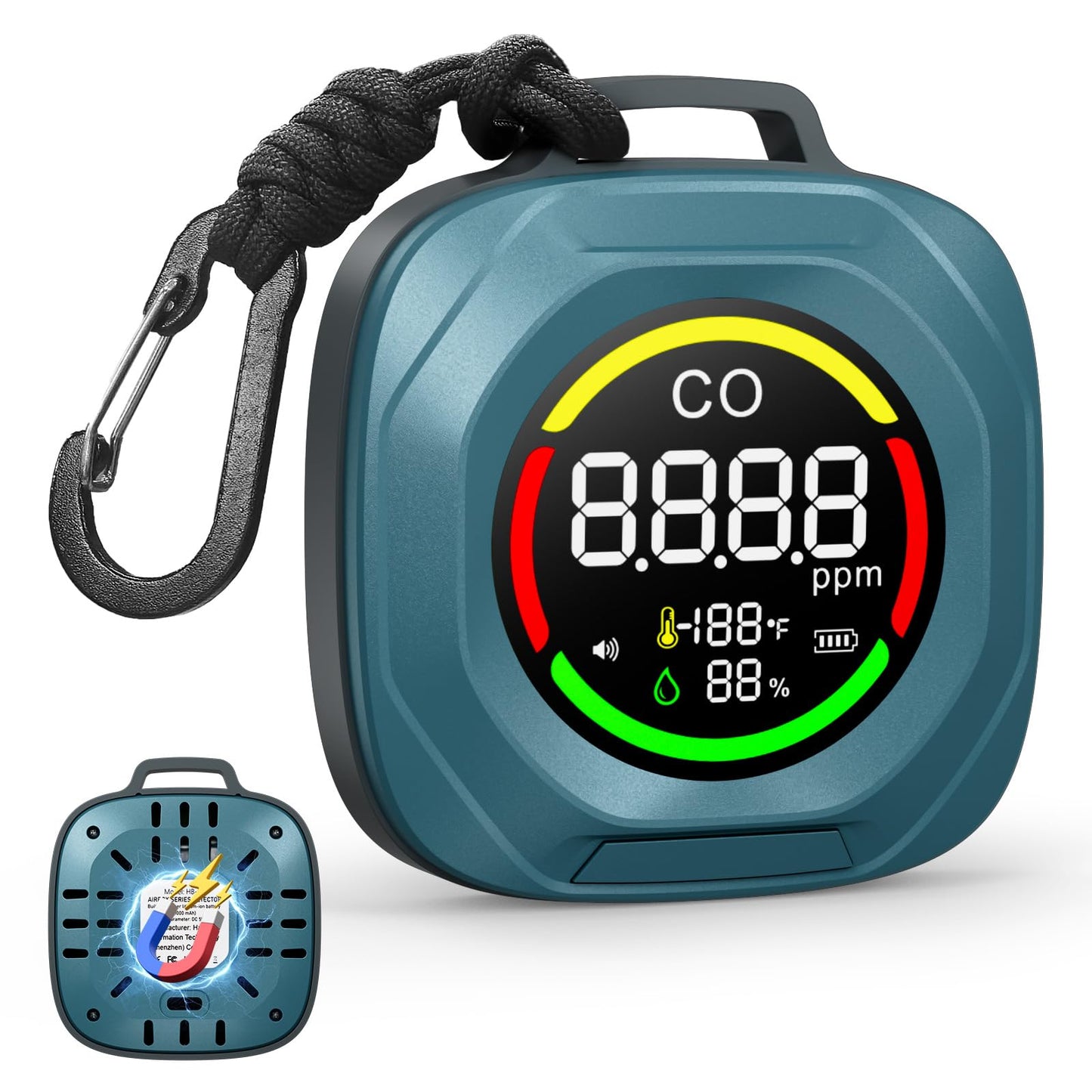Portable 3-in-1 Carbon Monoxide Detectors - Rechargeable CO Monitor with Alarm, Temperature & Humidity Detection, Magnetic Back, 200H Standby, Custom Thresholds for RV, Car, Camping & Travel-Blue