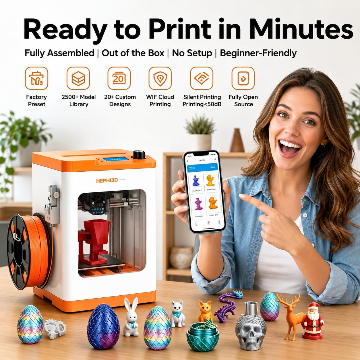 TINA2S 3D Printer, HEPHI3D 3D Printers for Beginners, WiFi Cloud Printing Mini 3D Printer Fully Assembly, Auto Leveling 3D Printers for Kids Silent Print, Open Source DIY 3D Printer for Home, School