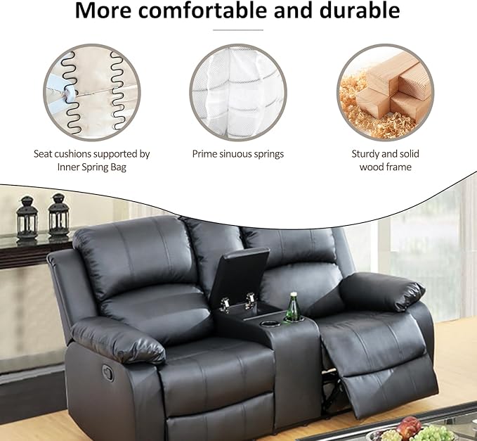 A Ainehome Living Room Furniture Set Leather Recliner Sofa Set Loveseat Chair Furniture Sofa Set for Living Room/Small Space/Rv/House/Office/Theater Seating (A-Black Leather, Loveseat)