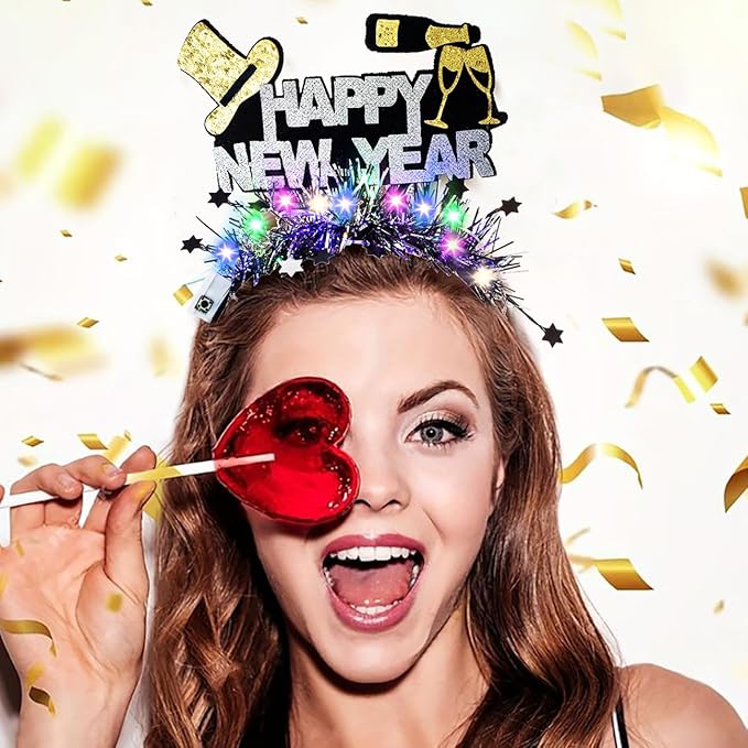 Abien Light Up Happy New Year Headbands Glitter Beer Hairband LED Hat Feather Headhoop New Year Party for Women