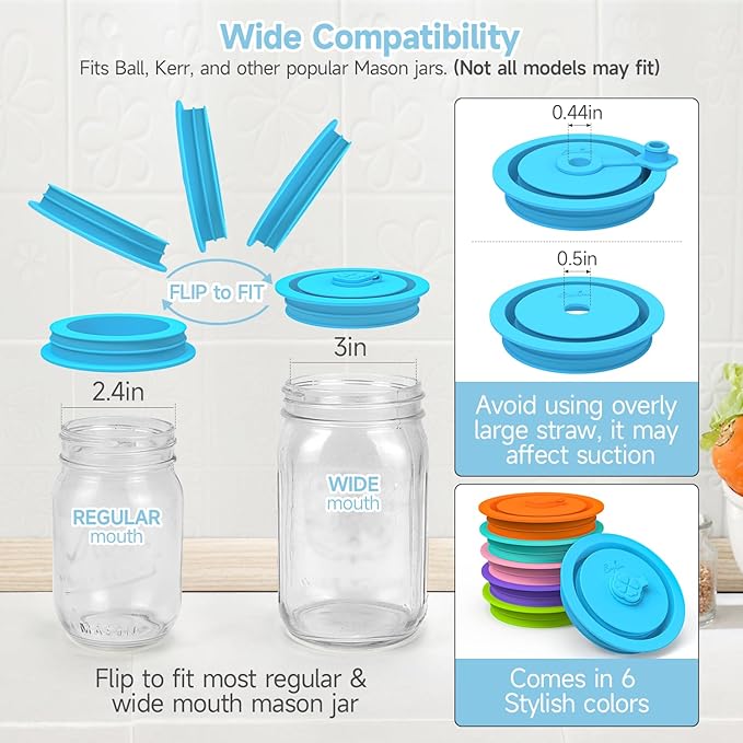 SOPHICO Silicone Replacement Lids Fit Ball, Kerr Regular & Wide Mouth, Mason Jar Covers with Straw Hole & Stopper Plug, Dual-sided Design, Airtight Seal - Straw & Glass Not Included (Mix1, 6 Pack)