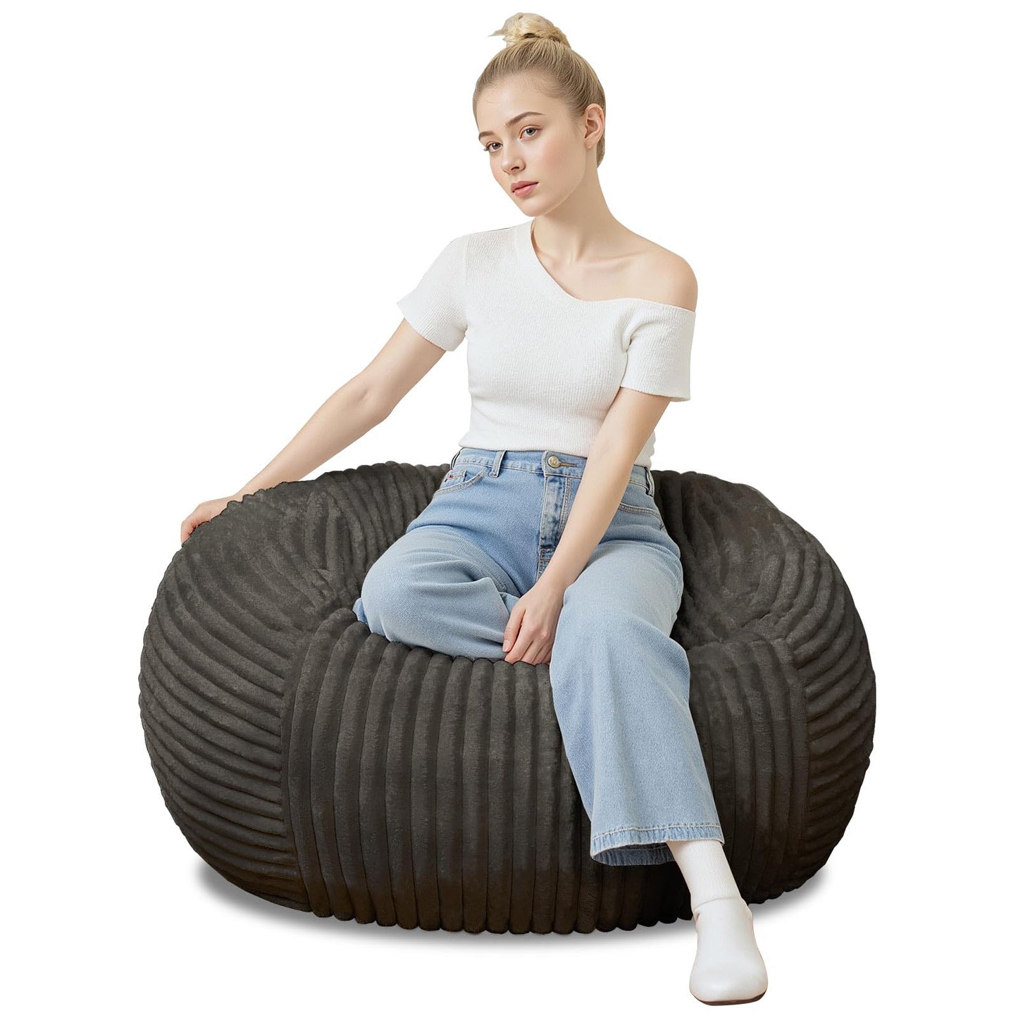 Bean Bag Chairs for Adults，Bean Bag Chair with Filler Included，Detachable and Washable Flannel Cover, Round Fluffy Sofa Chair Filled with Memory Foam, Suitable for Gaming, Bedroom (Grey)