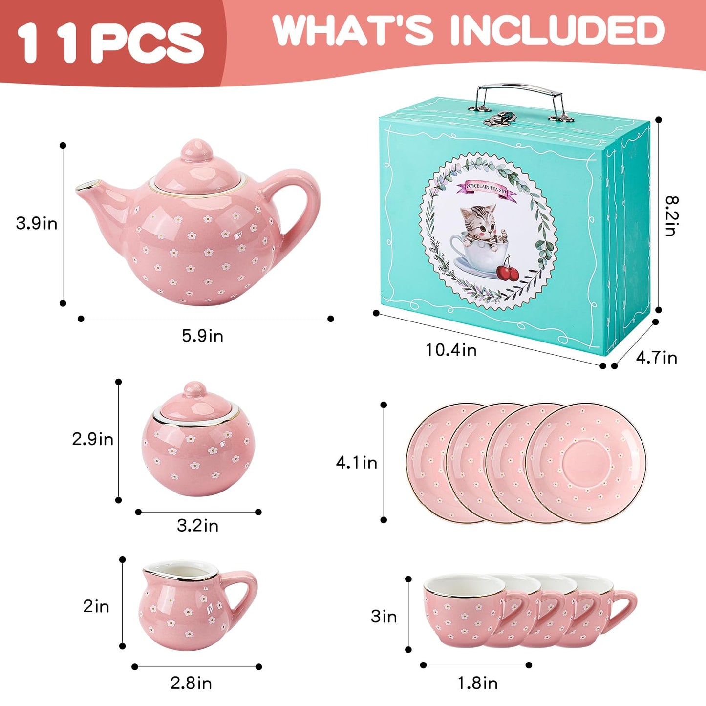 CHENP.HMC Tea Party Set for Little Girls, 13 Piece Sets Kids Tin Tea Party with Cups, Saucers, Plates & Serving Trays, Girls Birthday Gift (Pastel Polka Dots)