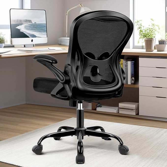 Winrise Office Desk Chair, Ergonomic Breathable Mesh Computer Chair Home Office Desk Chairs with Adjustable Lumbar Support & Flip-up Arms (Black, 3 Pack)