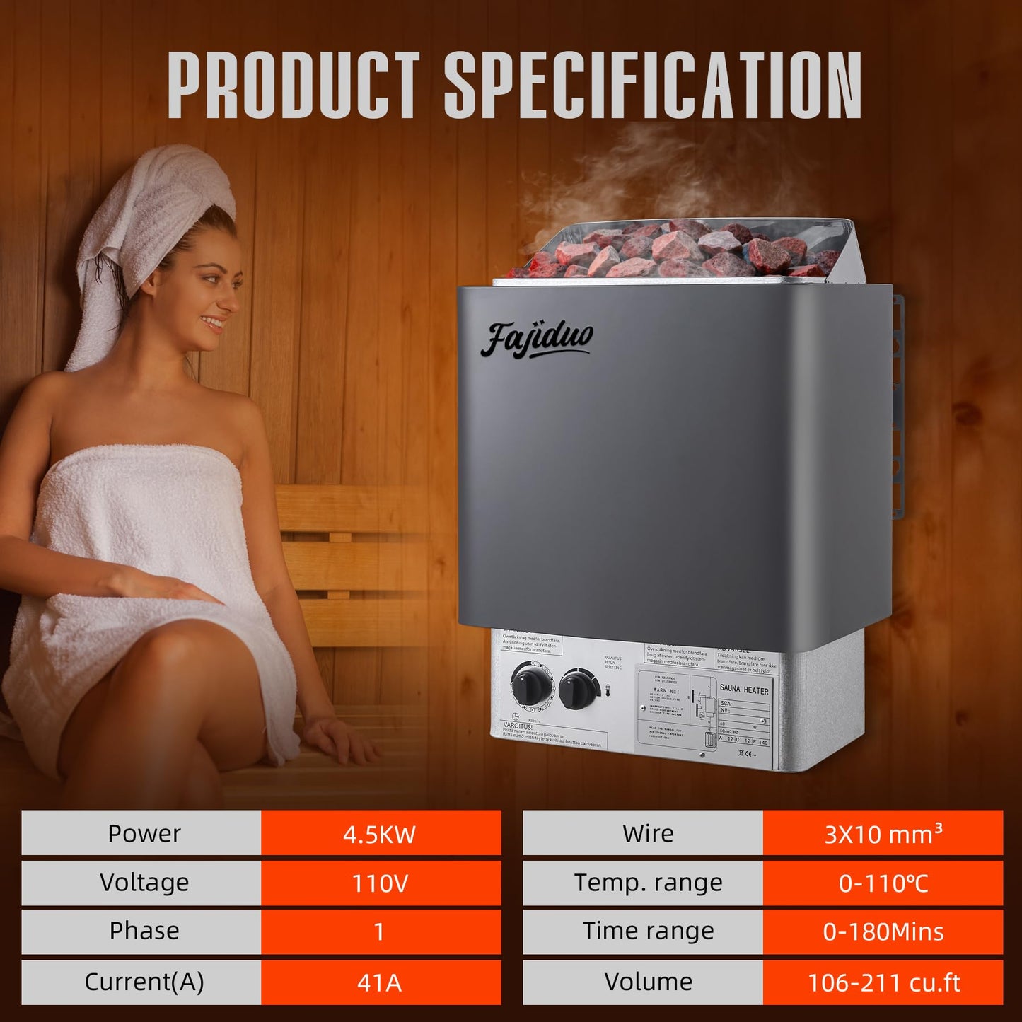 Fajiduo Sauna Heater, 4.5KW 110V Electric Sauna Stove with Bracket, Adjustable Temp & 3H Timer Dry Sauna Heater for Max 211 Cu.ft Saunas Rooms, Home Sauna, Commercial
