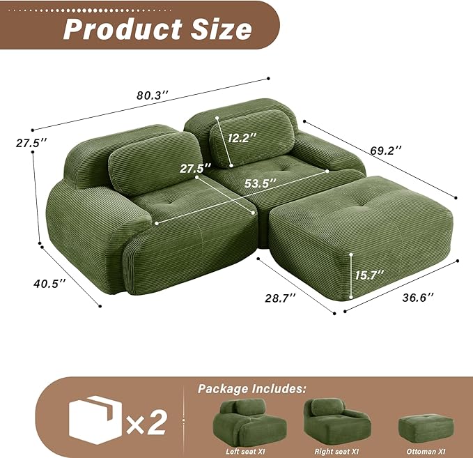SoarFlash 81” Sectional Cloud Boneless Sofa Couches for Living Room-2 Seater L-Shaped Modern Lounge Couch-No Assembly Modular Corduroy Convertible Sponge Sleeper Sofas with Chaise for Home House,Green
