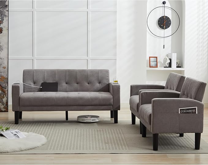 TYBOATLE Sofa Couch, Living Room Furniture Sectional Sofa Sets 3 Pcs, Tufted Mid-Century Loveseat w/USB, Cupholders & Comfy Single Sofa for Small Space, Apartment, Office (Light Grey)