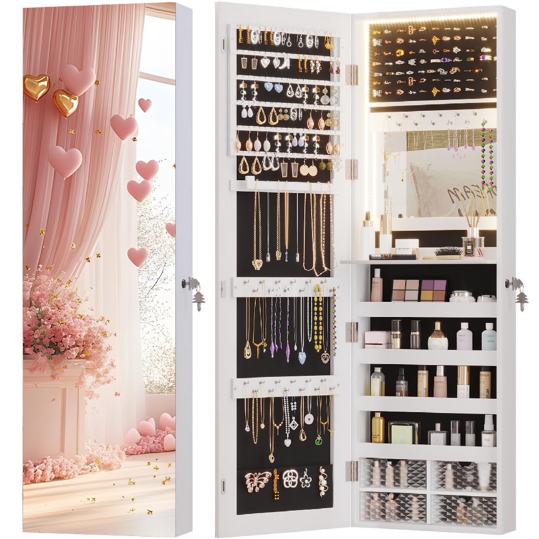 Vlsrka 47.2" LED Jewelry Mirror Cabinet, Wall/Door Mounted Jewelry Armoire Organizer with Full Length Mirror, Large Storage Hanging Cabinet, 4 Drawers, 5 Shelves (White)