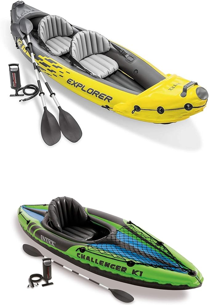 Intex Explorer K2 2-Person Inflatable Kayak with 2 Aluminum Oars and Pump and Challenger K1 1-Person Inflatable Kayak with...