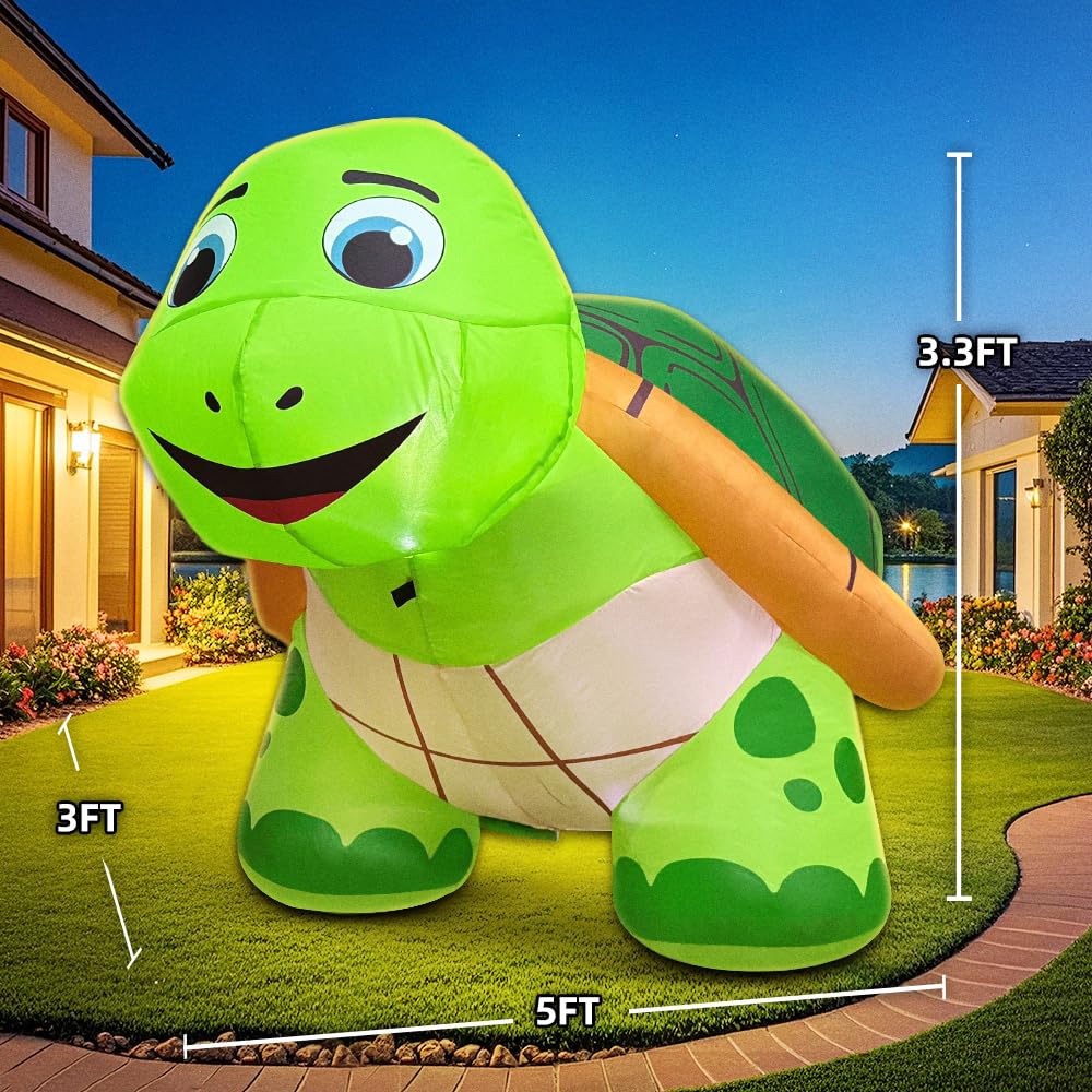 5 FT Tortoise Inflatable Decoration, Spring Inflatable Blow Up Animal Decorations Built LED Lights for Outdoor Yard Farm Lawn Holiday Garden Birthday Party