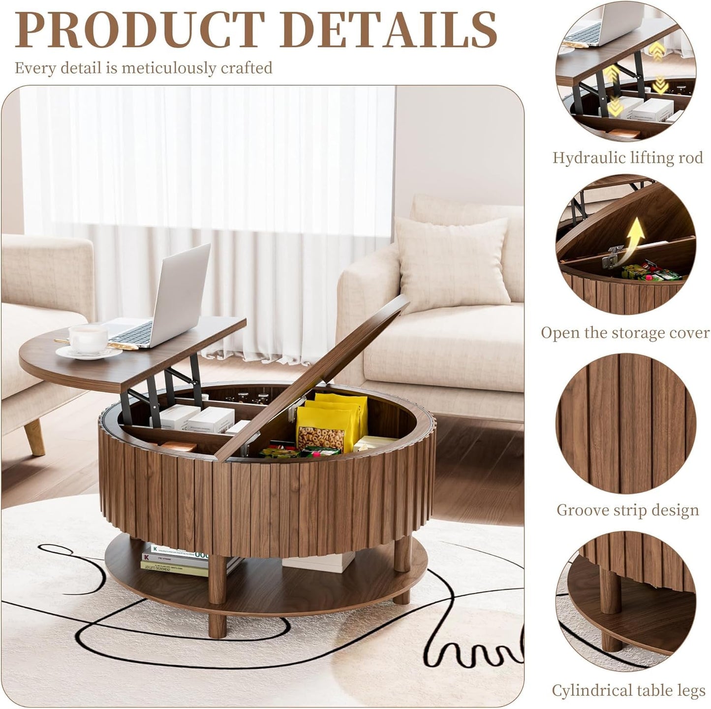 Limaoaio Round Lift Top Coffee Table with Storage, 31.5'' Modern 2-Tier Coffee Table with Hidden Storage Compartment and Open Shelf, Fluted Center Table for Living Room Home Office (Walnut)