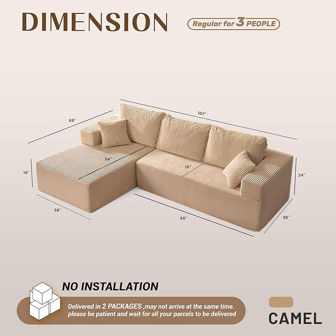 Afuson 107" Boneless Couch with Deep Seat, Modular Sectional Sofa, Cloud Sectional Couch for Living Room, No Assembly Required, Corduroy, L-Shape Left, Camel
