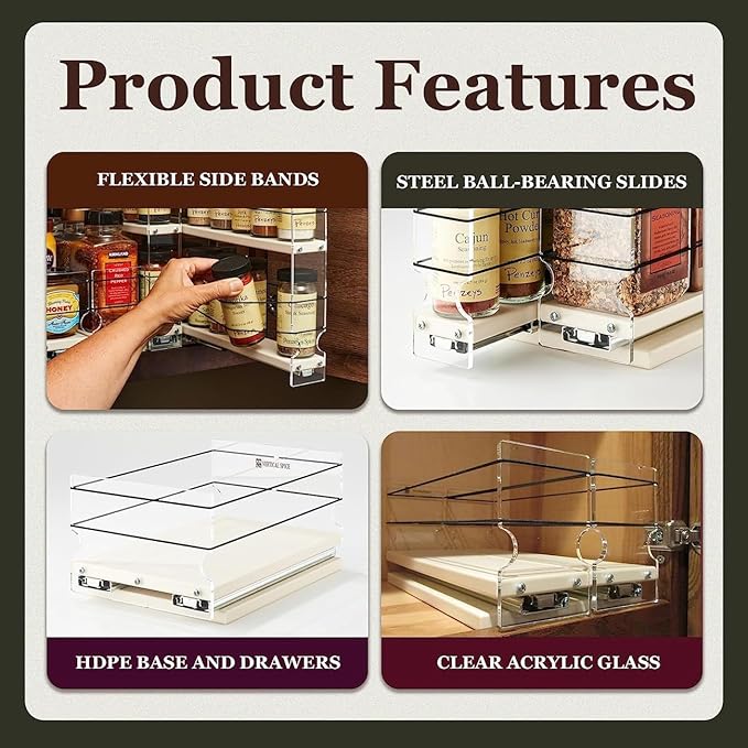 Vertical Spice Cabinet Mounted Spice Rack Drawer - Pull Out Cabinet Organizer - Cupboard Organizers & Storage - Pantry Shelves - 15 Regular Jars, 3 Drawers (6.9" W x 5.0" H x 10.6" D, Cream)