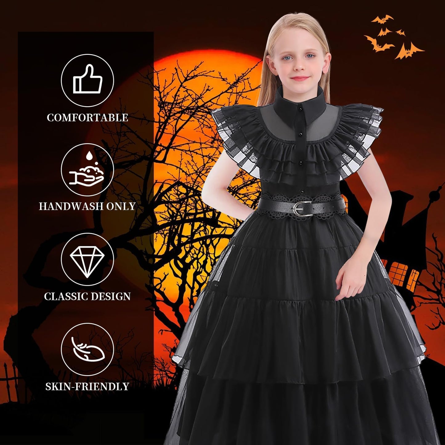 CVNHMG Costume Dress Kids Girls Black Cosplay Halloween Party Dress Up Gothic Costume with Accessories
