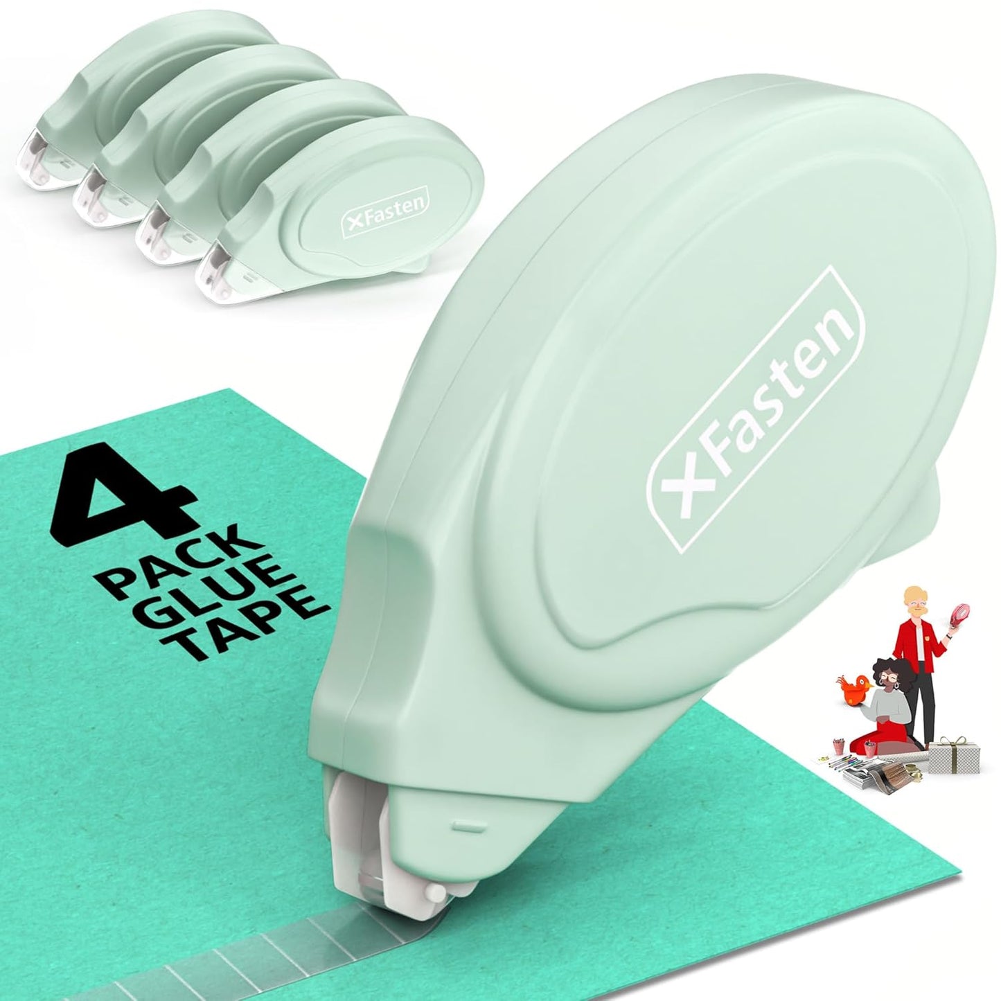 XFasten Glue Tape Roller for Scrapbooking 4-Pack Acid-Free Pastel Green Double Sided Tape Roller for Crafts, Photos, Bullet and Junk Journaling Supplies - Scrapbook Adhesive Runner (0.3 in x 30 ft)