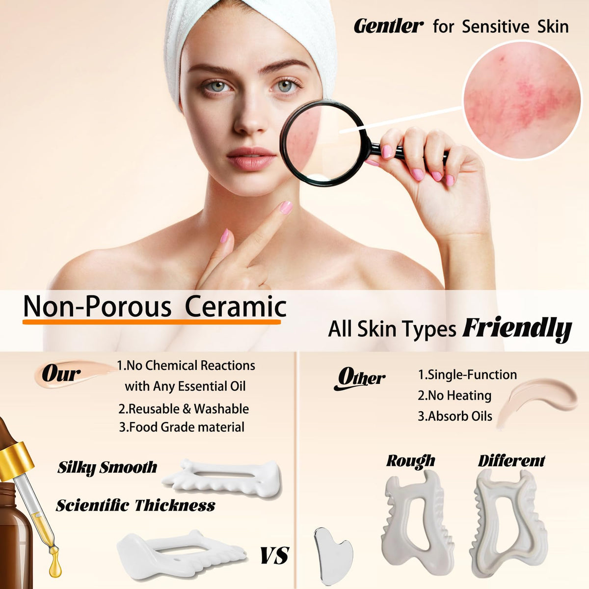 6-in-1 Ceramic Gua Sha Tool for Face & Body - Manual Facial Massage for Lymphatic Drainage, Jaw Lifting, Puffiness Care, Neck Massage for Stress Relief at Home, Self Care Gift for Mum Wife White