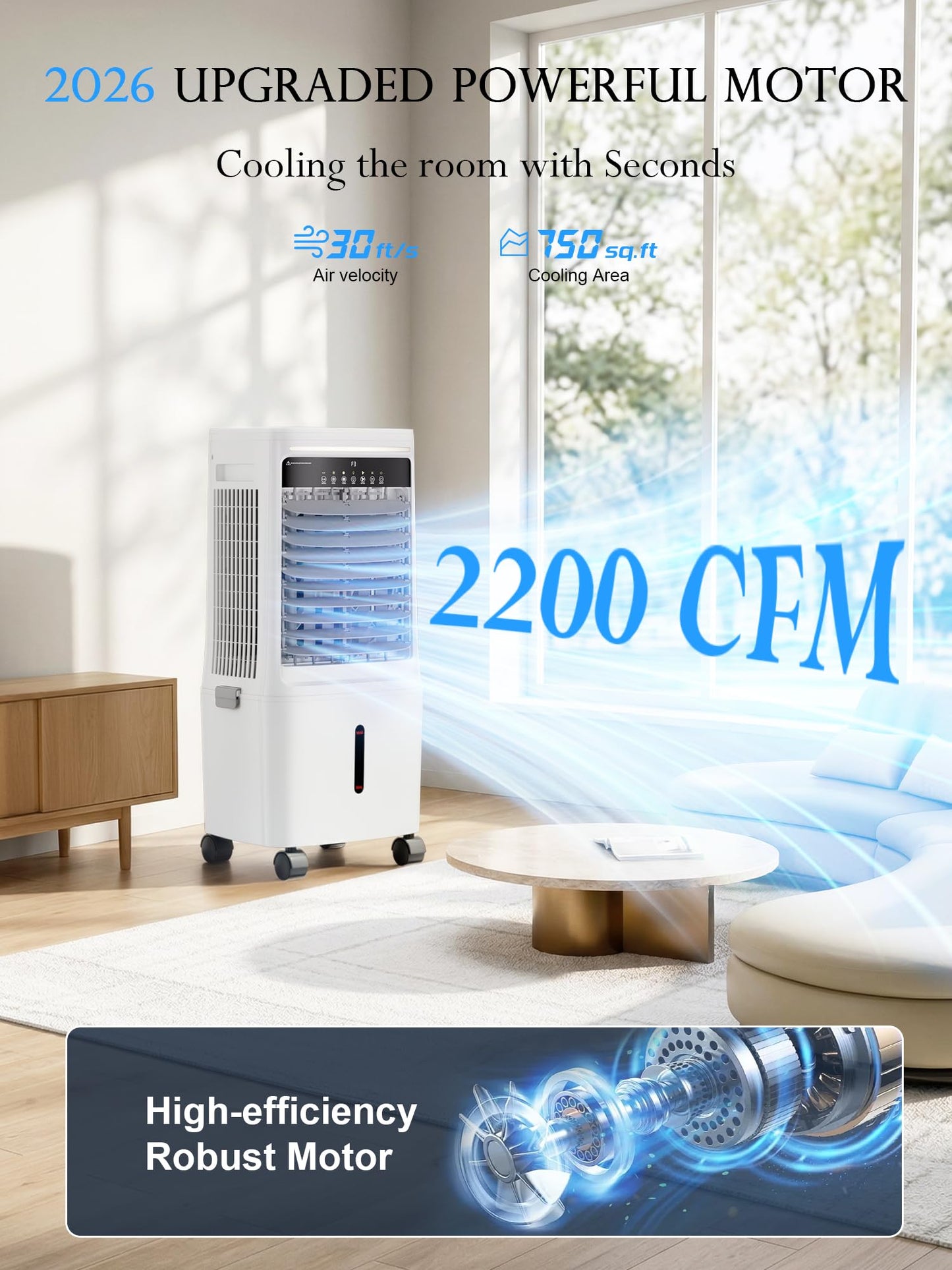 Uthfy 2200CFM Swamp Cooler Air Conditioner, Evaporative Cooler with Dual Water Tanks for 24H Cooling, 120° Oscillating, Ambient Light, 7 GAL Detachable Water Tank, 12H Timer, Portable AC for Bedroom
