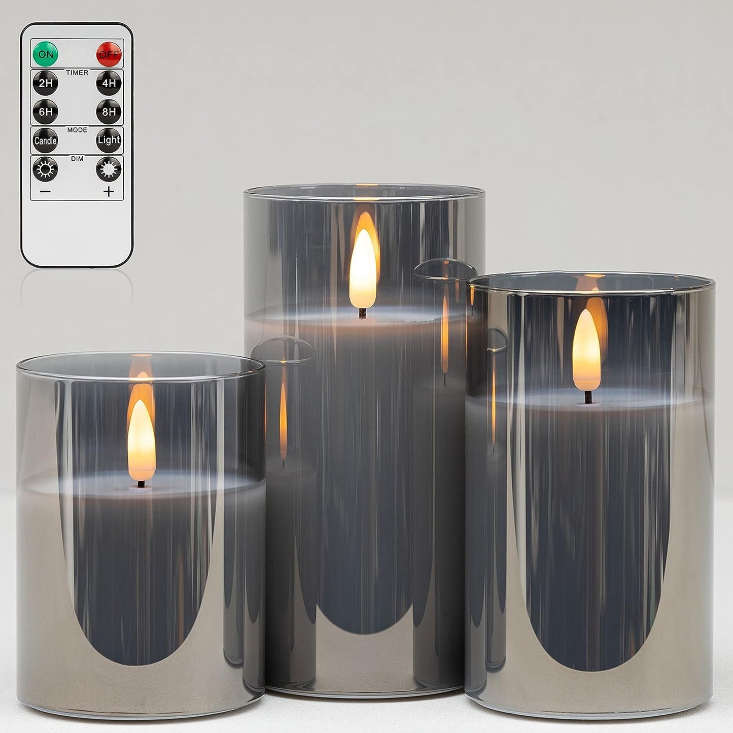COVEGE Grey Glass Flameless Candles with Timer - Battery Operated Candles with 10-Key Remote, Real Wax LED Flickering Pillar Candles for Home Decoration, D3 H 4" 5" 6", Set of 3