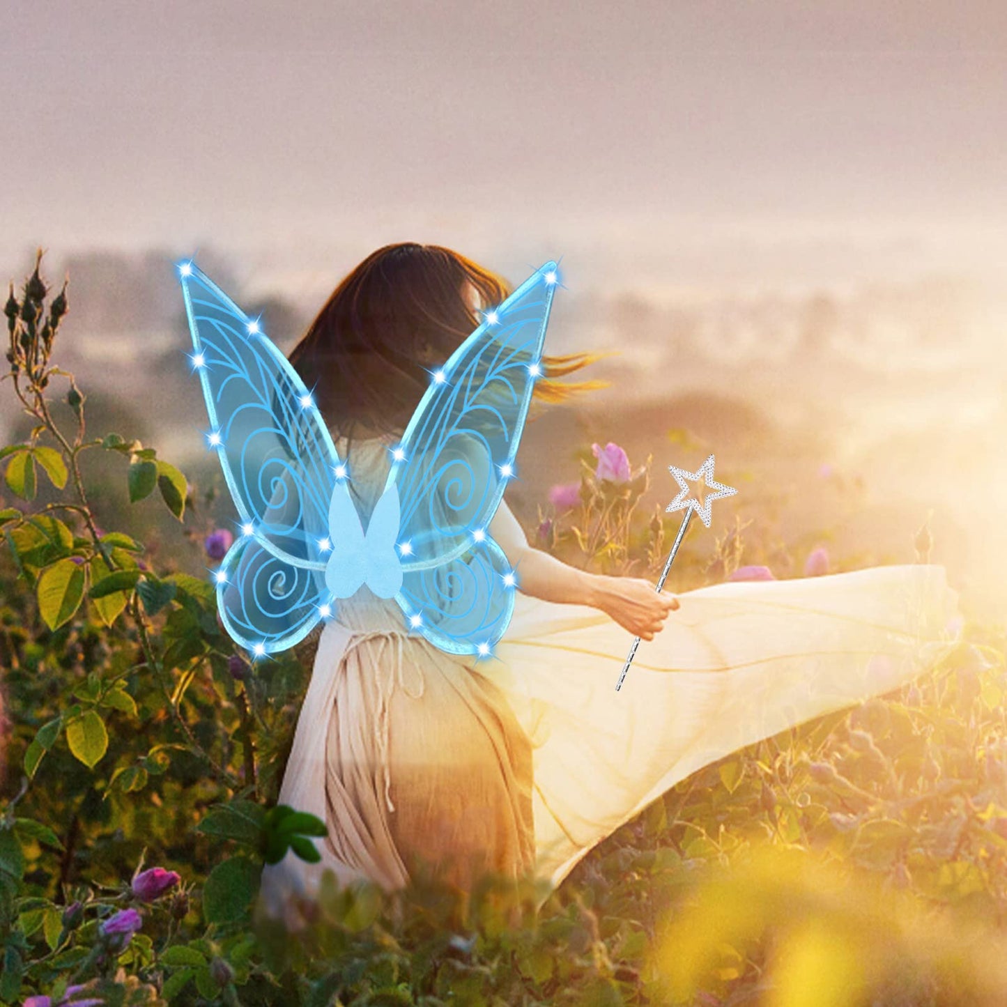 U-Goforst Light Up Fairy Wings for Adults- Butterfly Wings for Girls Women, Halloween Costume Cosplay Dress Up, Sparkly LED Wings with Wand, Blue with Blue Light