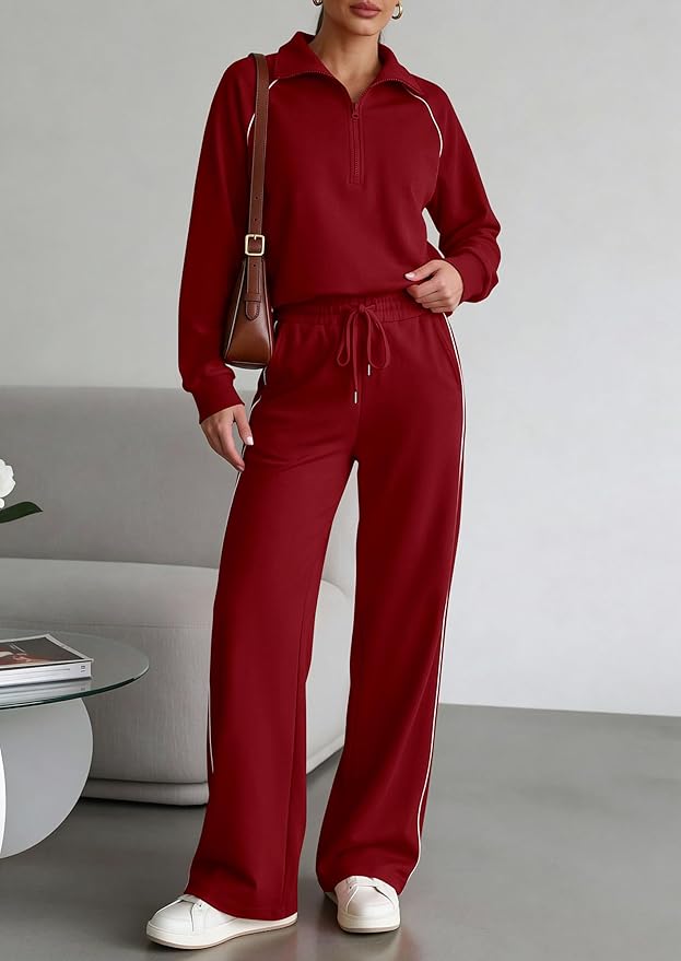 PRETTYGARDEN Women's 2 Piece Outfits Casual Lapel Half Zip Sweatshirts and Wide Leg Pants Tracksuit Sets