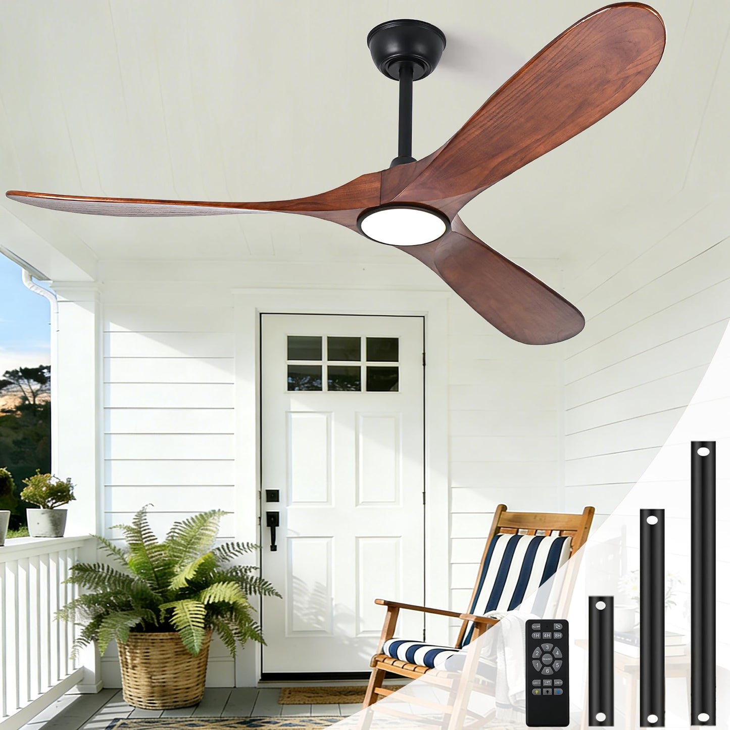 Zronon 52 Inch Ceiling Fans with Lights and Remote, Modern Wood Outdoor Ceiling Fan with Light, 3 Blade Propeller Indoor Ceiling Fan for Farmhouse Patios Living Room Bedroom Gazebo (Walnut)