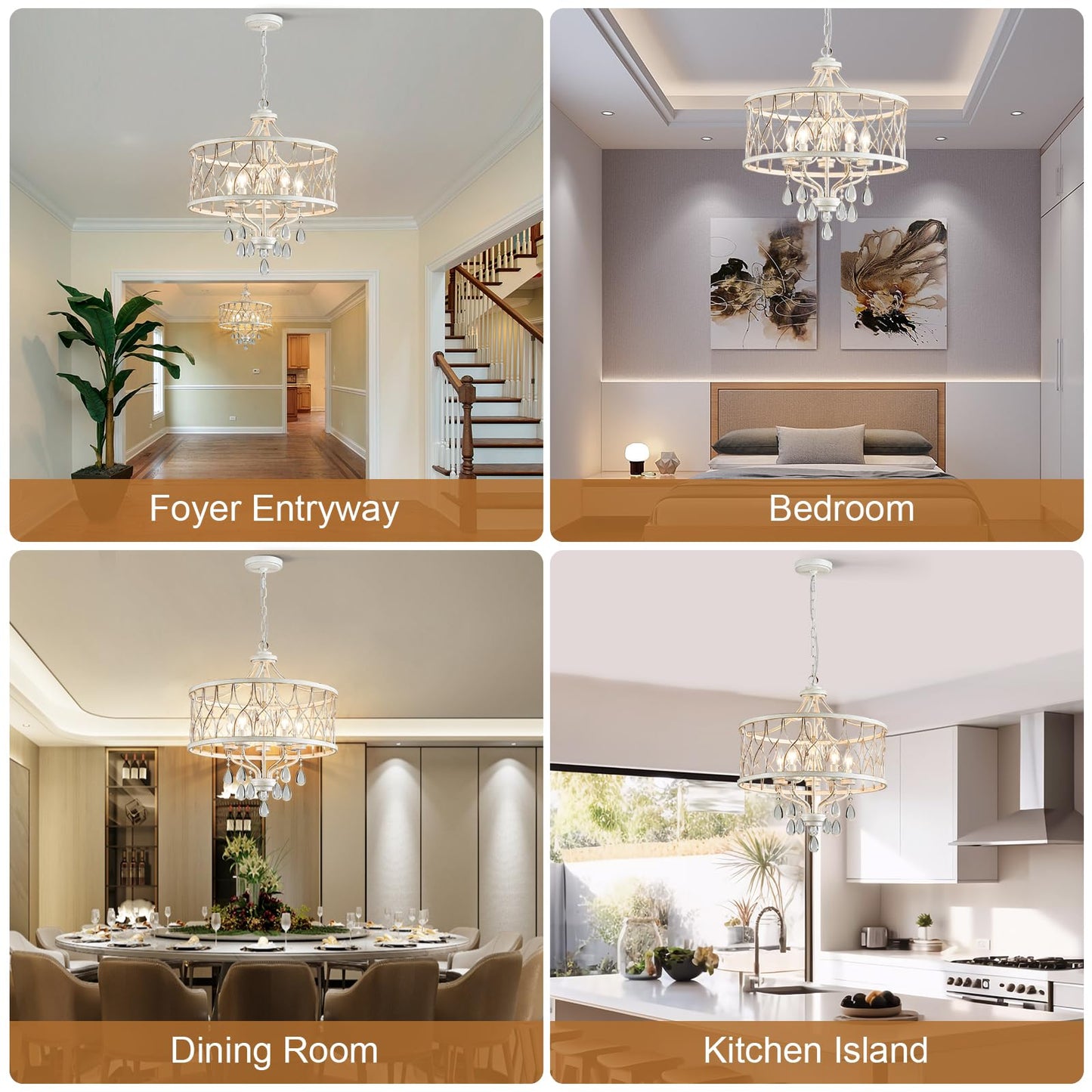 Uiimeces Modern Crystal Chandelier, 5-Light Farmhouse White Chandelier for Dining Room Vintage Hanging Pendant Light Fixtures Round Chandelier for Kitchen Island Entryway Foyer Bedroom Office Bar