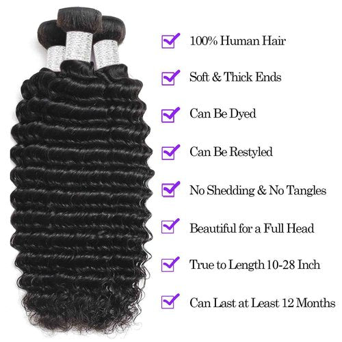 12A Human Hair Bundles 18 20 22 Inch Deep Wave Bundles Human Hair 100% Unprocessed Brazilian Virgin Deep Curly Weave 3 Bundles Hair Extensions for Women Natural Color