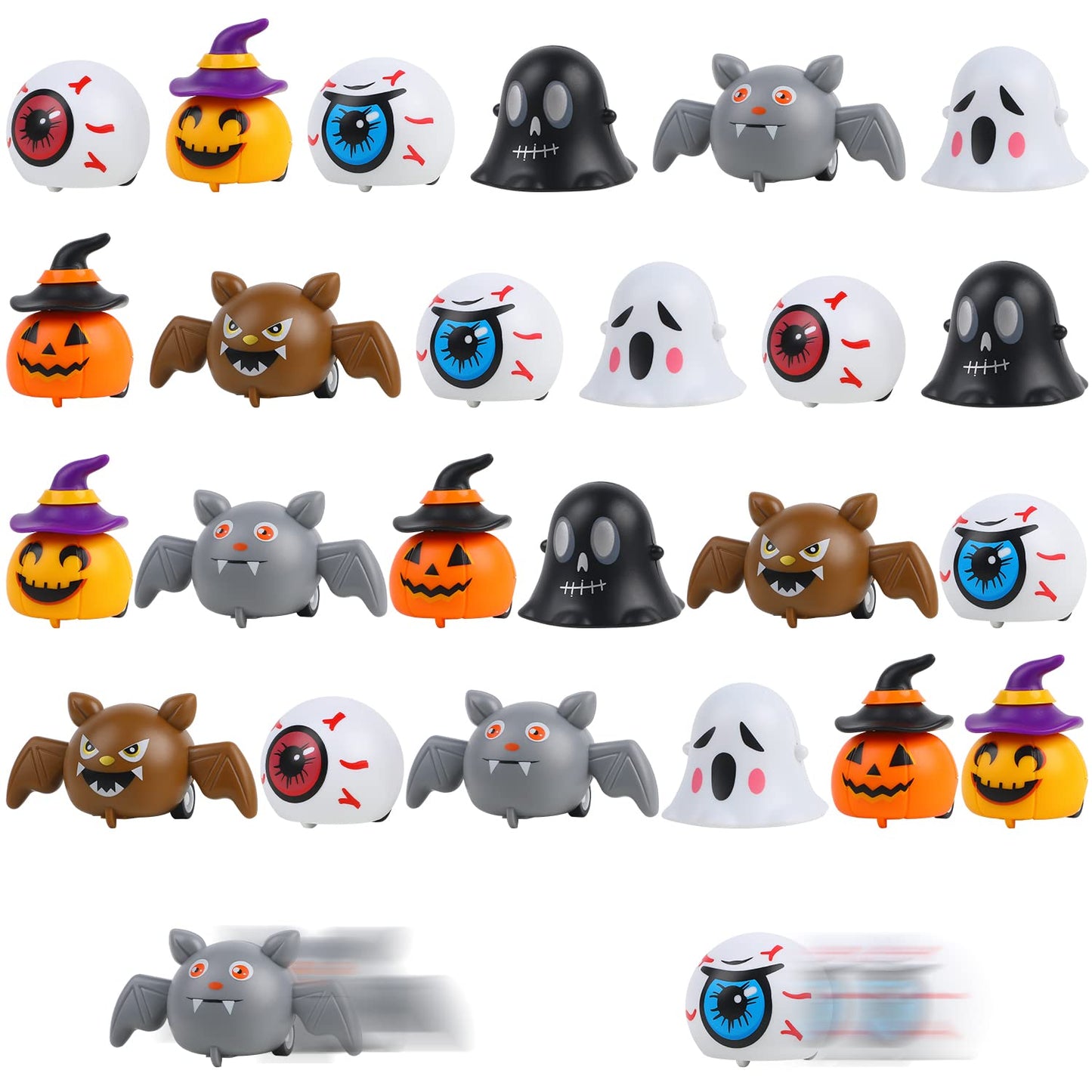 CCINEE 24PCS Halloween Pull Back Cars, Assorted Ghost Eyeball Bat Pumpkin Tiny Car Toys Halloween Friction Powered Racing Cars Vehicle Toy for Kids Halloween Bag Fillers Treats Prizes Party Favors