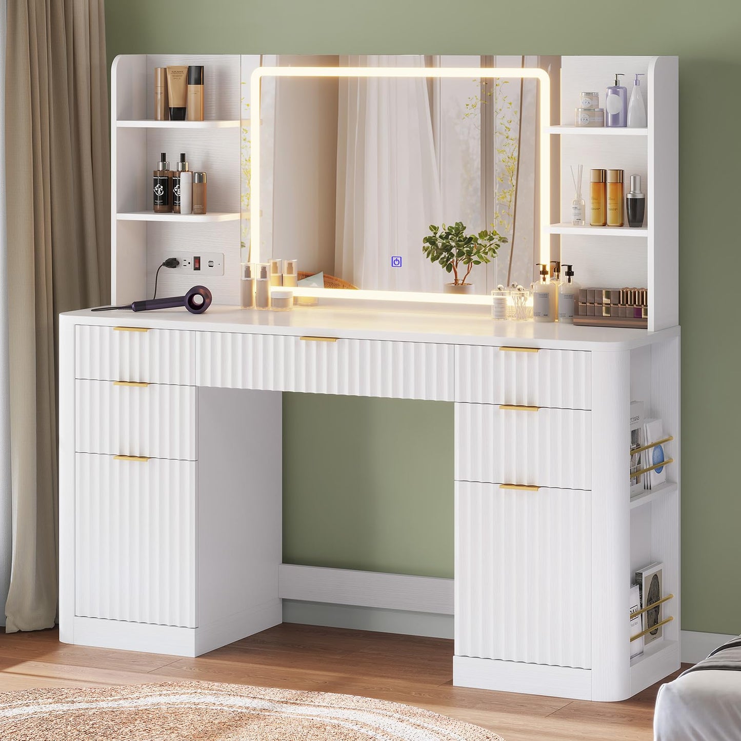 HAUOMS 51.2" Fluted Makeup Vanity Desk with Large 30.3" Mirror and Lights, 5 Drawer Vanity with Power Strip, 6 Open Shelves, 2 Cabinet，Modern Dressing Table with Solid Wood Legs for Bedroom, White