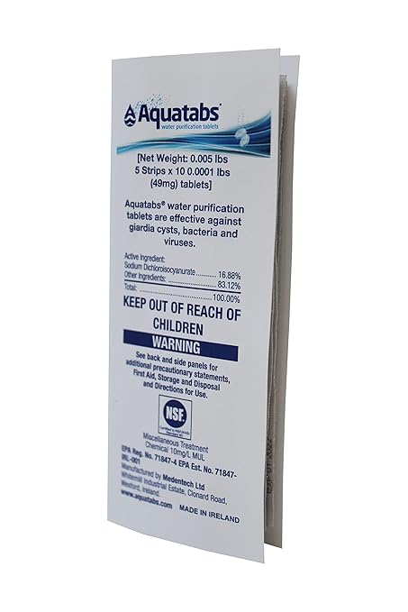 Aquatabs 49mg Water Purification Tablets (50 Pack). Water Filtration System for Hiking, Backpacking, Camping, Emergencies,...