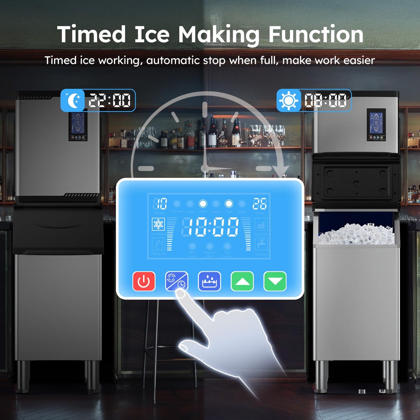 Commercial Ice Machine 850LBS/24H,Storage 460LBS,Large Industrial Ice Maker,Ice Ready in 5-15min,with Self-Cleaning Mode,with Timing Function,30 Levels of Ice Thickness Adjustment,Stainless Steel