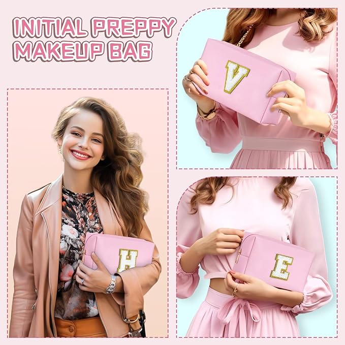 TOPEAST Preppy Makeup Bag, Cute Makeup Pouch PU Leather Waterproof Cosmetic Bag, Personalized Birthday Gifts for Mom Teacher Friends Bridesmaids Nurse, Trendy Stuff for Girls (Pink I)