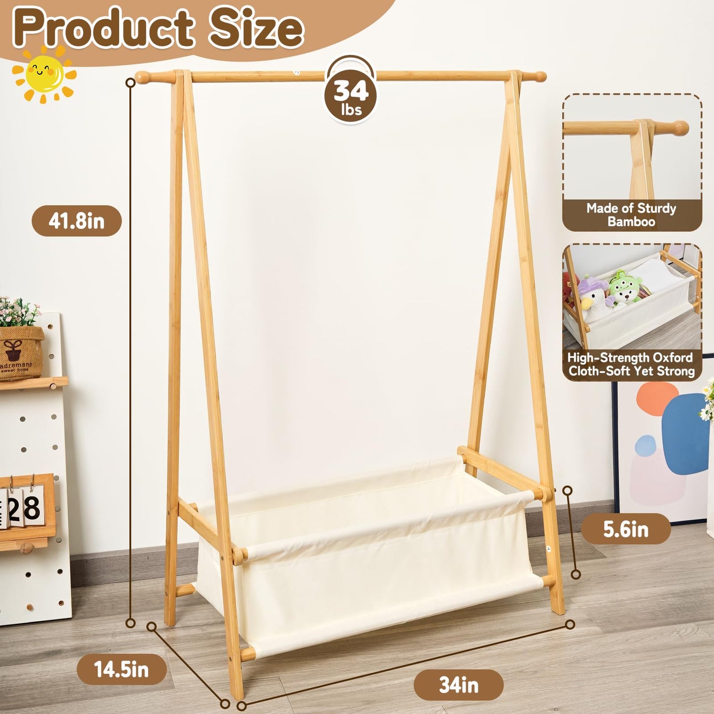 Bamboo Kids Clothing Rack with Storage Box - Foldable,Kids Dress Up Rack with Hooks & Rod, Organize Dress Up Storage & School Uniforms, Perfect for 4-13 Year Olds (Natural)