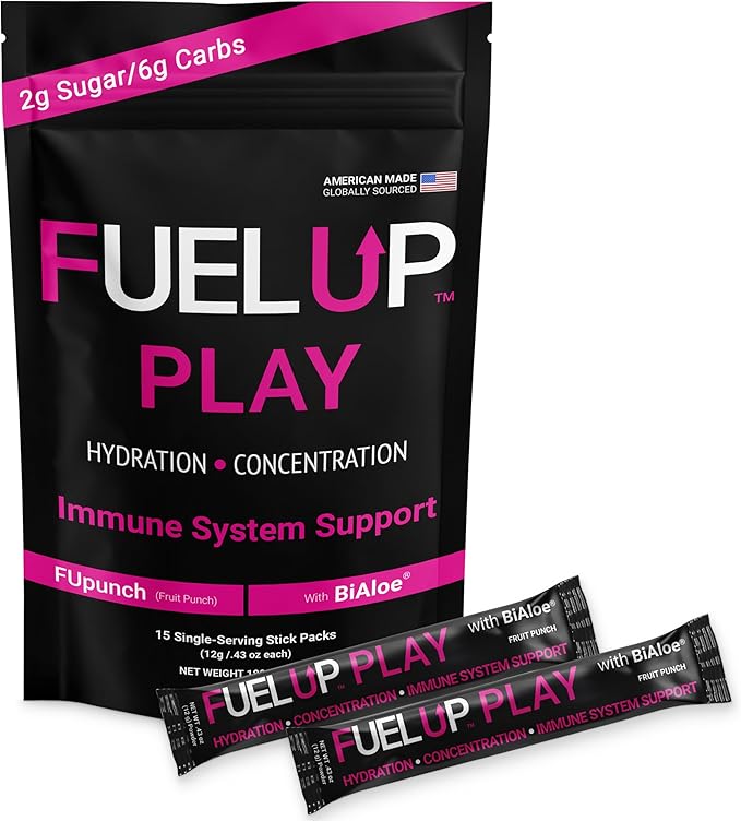 Fuel Up Play Electrolyte Powder with BiAloe® | Hydration + Focus Formula | Sugar Free | 15 Single-Serve Stick Packs | Frui...