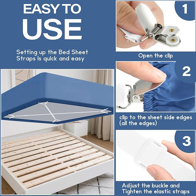 CHRORINE Bed Sheet Holder Straps Adjustable Sheet Fasteners Clips Keep Bedding Stays in Place, 4 Pcs/Set, White