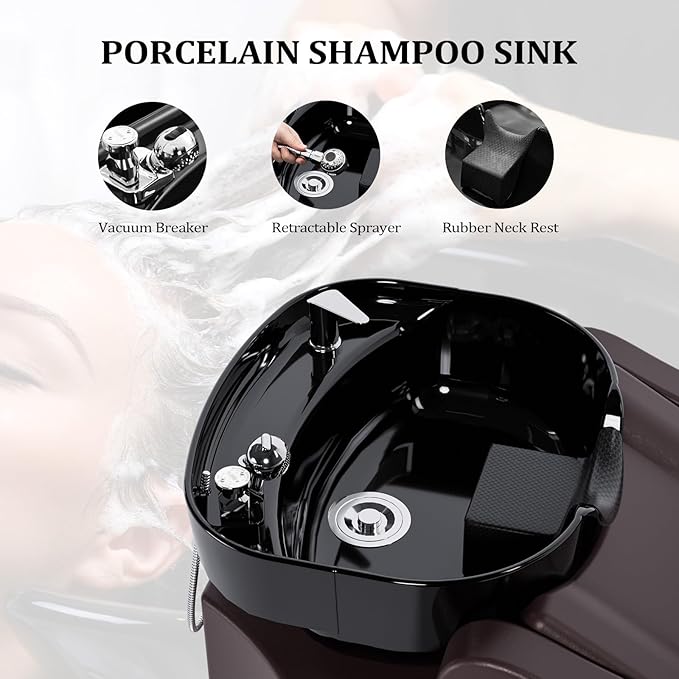 OmySalon Shampoo Backwash Unit with Black Porcelain Bowl, Salon Sink Hair Wash Chair Shampoo Station, Barbershop Beauty Spa Massage Hairdressing Equipment