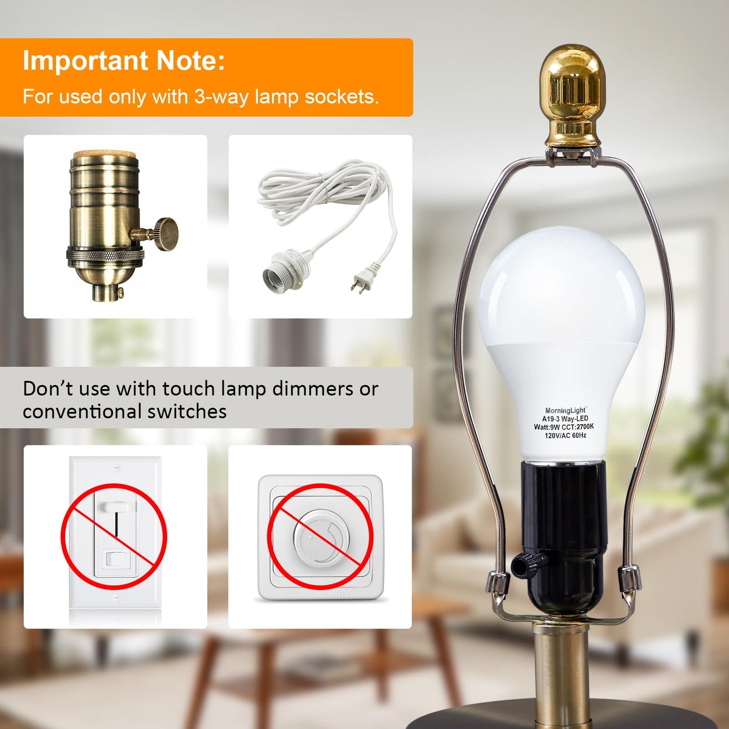 MorningLight A19 3-Way LED Light Bulbs 15 40 60Watt Equivalent, Warm White 2700K, E26 Base, 3W/6W/9W A19 Three Way Dimmable Light Bulbs for 3-Way Lamp Socket, 250/550/800 Lumens, 4 Pack