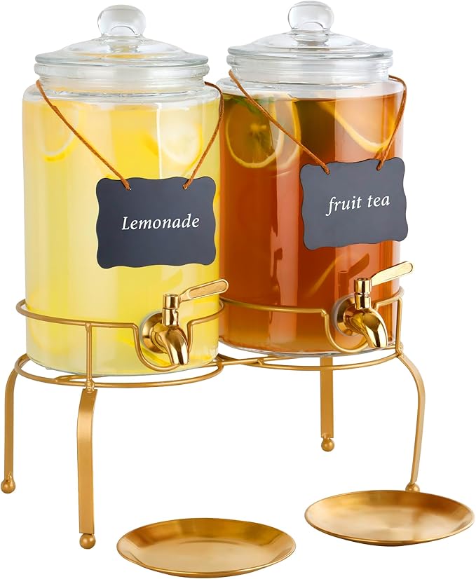 Drink Dispensers for Parties, 2 Pack 1 Gallon Beverage Dispenser with Stand, Drink Dispenser With Glass Lid, juice dispens...