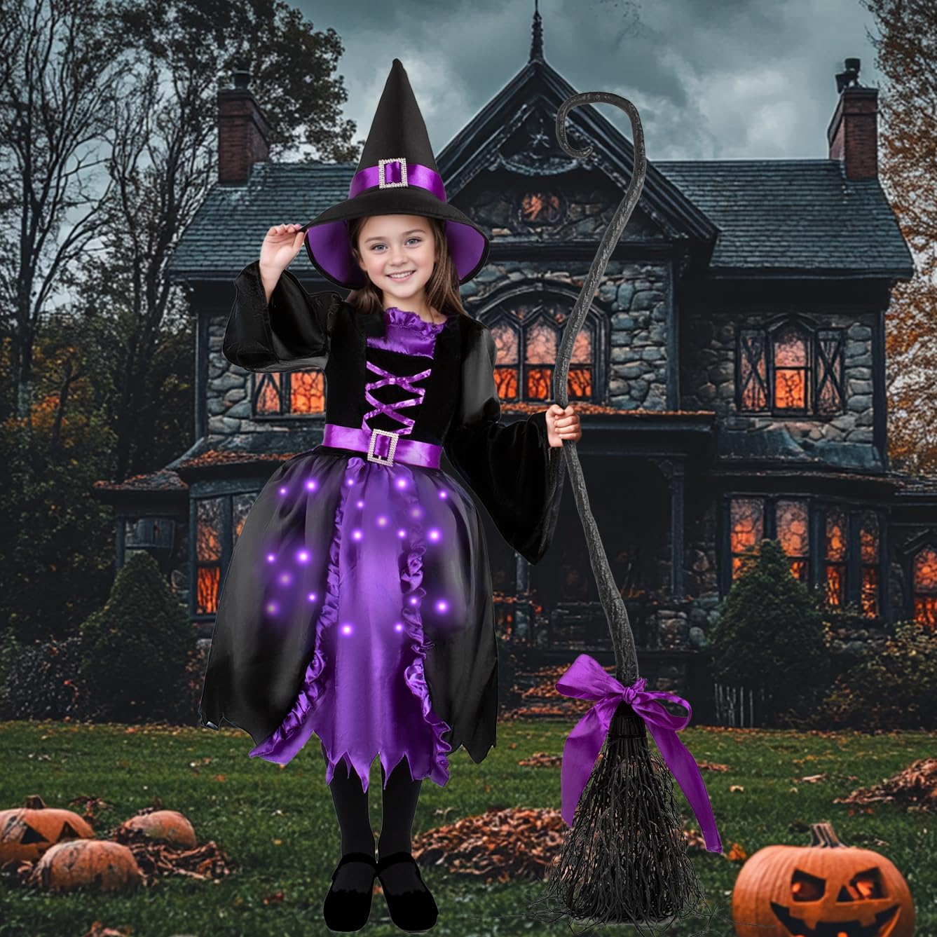 Kiddokids Witch Costume for Girls- Light-Up Dress with Hat & Broom Accessories, Halloween Costume Set for 3-12 Years, Purple Witch Outfit for Halloween Parties & Role Play