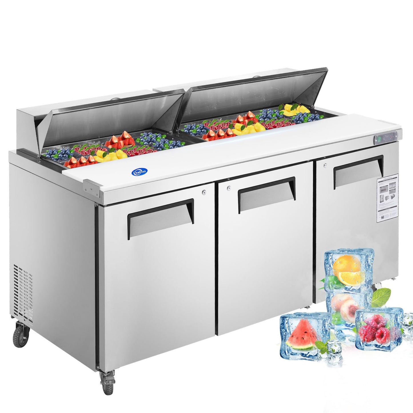 kalifon 72" W 3 Door Refrigerator Sandwich Salad Prep Table Commercial Stainless Steel Fan Cooling Refrigerator with Cutting Board, 3 Shelves & 18 Pans for Restaurant, Bar, Shop-20 Cu.ft