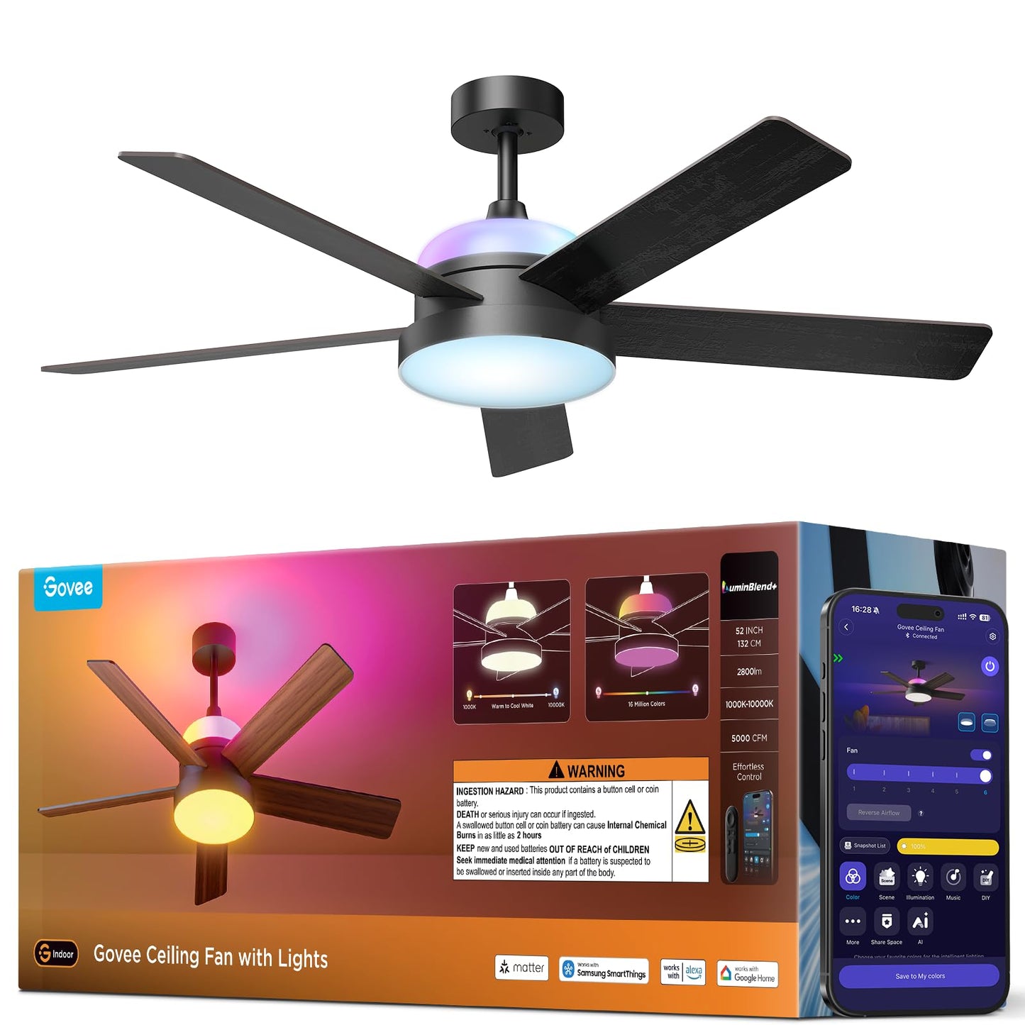 Govee Ceiling Fan with Lights, RGBIC Smart 52'' Low Profile Ceiling Fan with Lights and Remote, Reversible DC Motor, Dimmable, 2800lm, Ceiling Fan for Bedroom, Living Room, Black