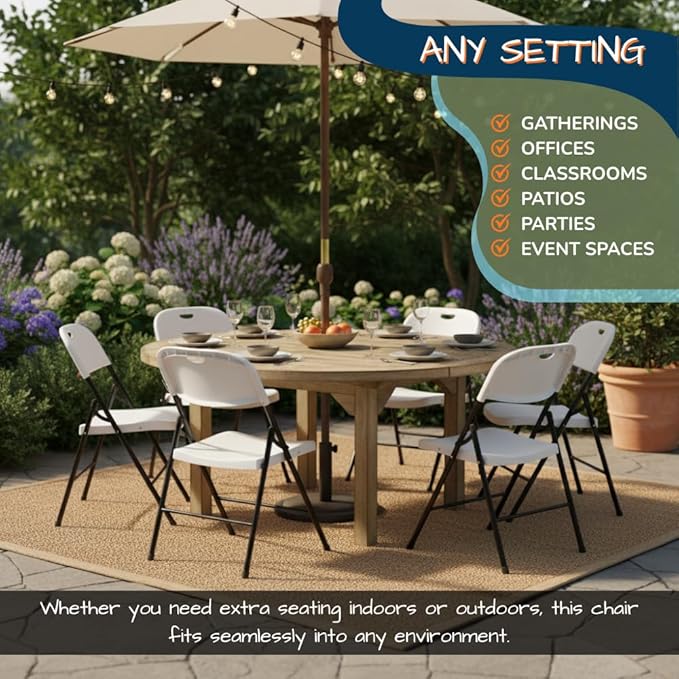 EZONE (4pcs Heavy Duty Plastic Foldable Chair for Adults, Portable Outdoor Seating for Wedding, Event, Party, Backyard, Patio, or Dining Use, Comfortable Stackable Design (White, 4 Pack)