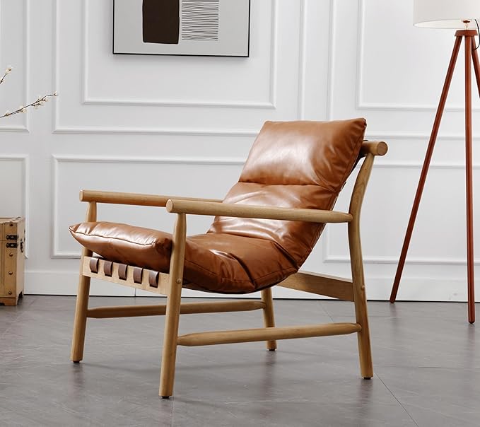 Faux Leather Accent Chair Mid Century Modern Living Room Chairs Comfy Arm Chair with Solid Wood Frame Upholstered Lounge Reading Chair Cozy Recliner for Guest Room/Bedroom, Brown, 7533AC