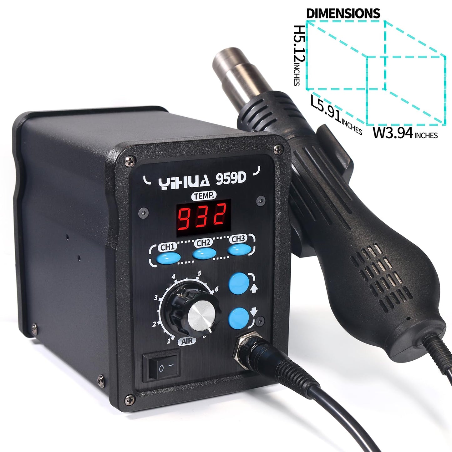 YIHUA 959D-Digital Hot Air Rework Station, High Power with 3 Memories, Airflow Efficiency, °F /°C Display, Accurate Temp.(212°F~932°F), Brushed Aluminum Panel & Safety Features