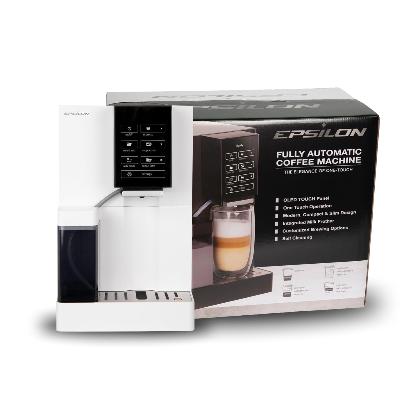 Epsilon Fully Automatic Coffee Machine, Modern One Touch Espresso Machine, Integrated Milk Frother and Custom Brewing Cafe Maker, Compact Countertop Size, Self Cleaning Cafetera (White)