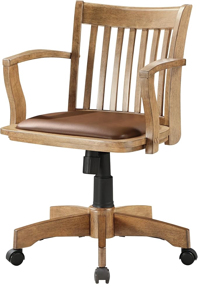 OSP Home Furnishings Deluxe Wood Banker's Desk Chair with Padded Seat, Adjustable Height and Locking Tilt, Fruitwood Finish and Brown Vinyl