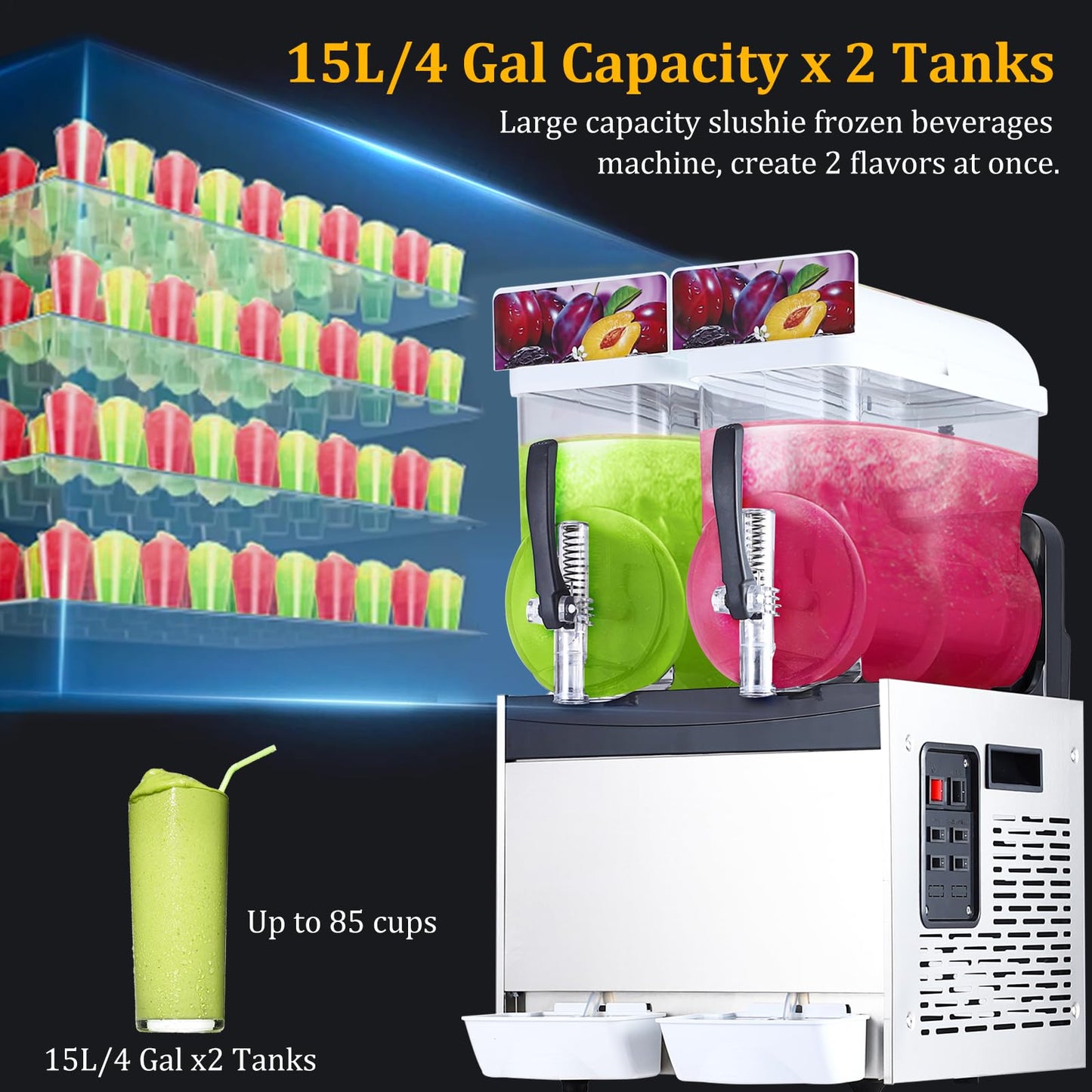 15L Dual-Tank Stainless Steel Slushy Machine, 700W Frozen Drink Maker with Auto-Clean Feature, Suitable for Restaurants, Bars, and Home Use, White