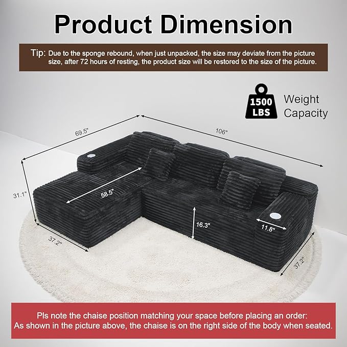 Cloud Sectional Couch with L-Shape Chaise, Modern Modular Sofa with Deep Seat, Built-in Cup Holder & Storage Pocket for Living Room Bedroom, No Assembly Required (Black Grey, Right Sitting Chaise)